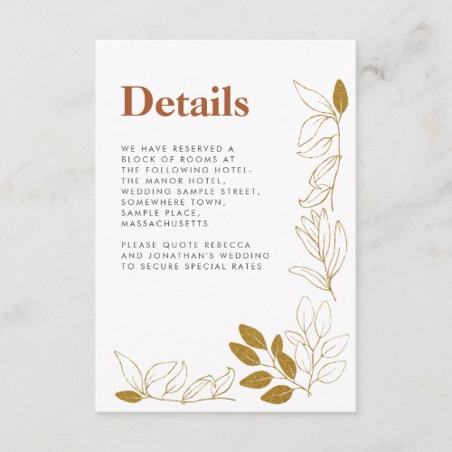Gold Rust Leaf Terracotta Wedding Details Card
