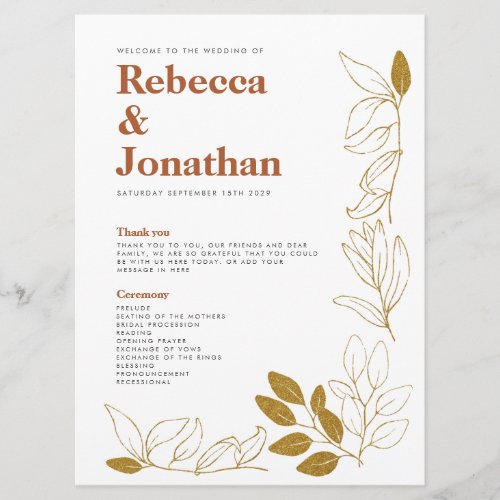 Gold Rust Leaf Terracotta Wedding Program Card
