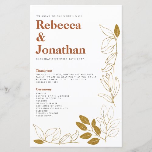 Gold Rust Leaf Terracotta Wedding Program Sheet