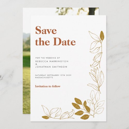 Gold Rust Leaf Terracotta Wedding Save The Date Invitation