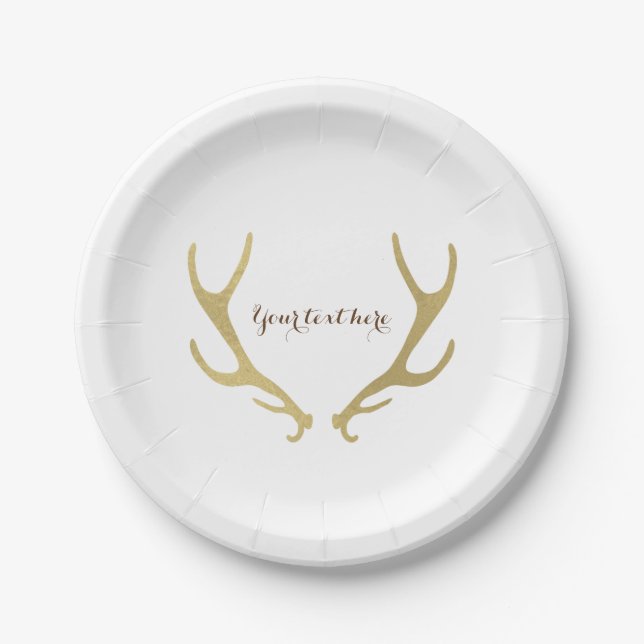 Gold Rustic Antlers Glam Wedding Reception Party Paper Plates (Front)