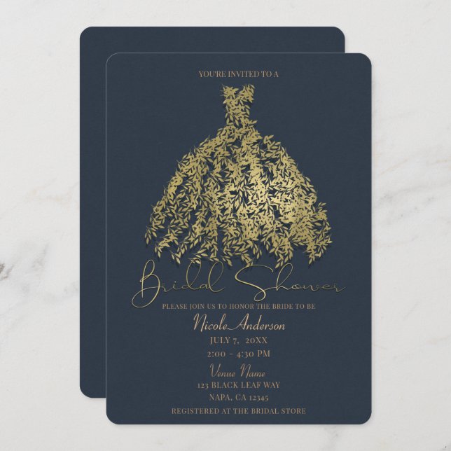 Gold & Rustic Blue Botanical Dress Bridal Shower Invitation (Front/Back)
