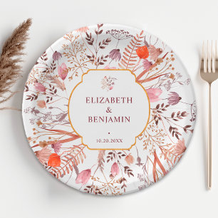 Gold Rustic Boho Chic Fall Wildflowers Wedding Paper Plates