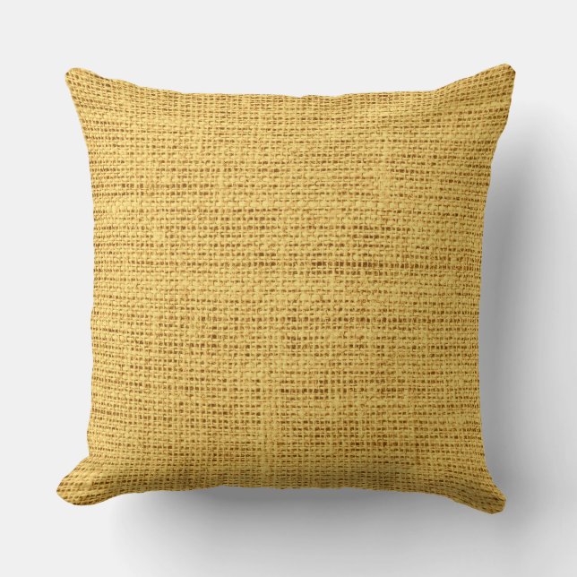 Gold Rustic Burlap Linen Throw Pillow (Front)