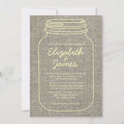 Gold Rustic Burlap Mason Jar Wedding Invitations