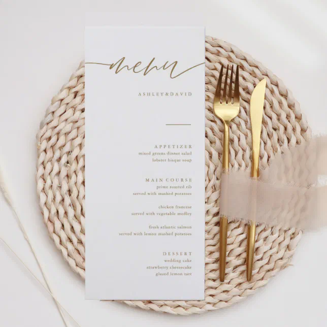 Gold Rustic Calligraphy Elegant Wedding Menu Cards | Zazzle