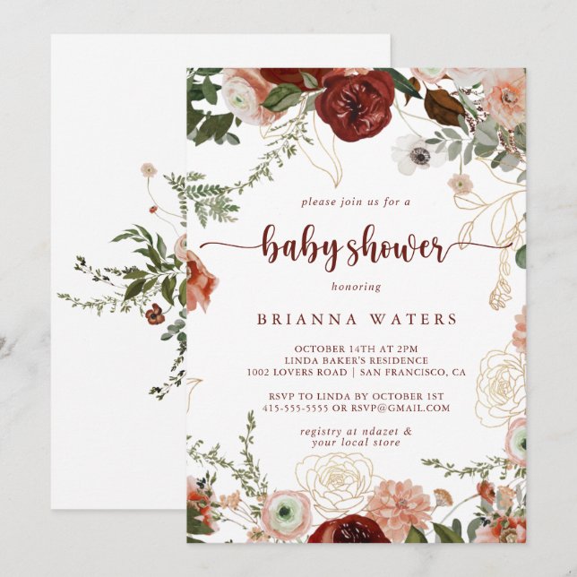 Gold Rustic Colorful Floral Baby Shower  Invitation (Front/Back)