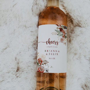 Gold Rustic Colorful Floral Cheers Wedding Wine Label