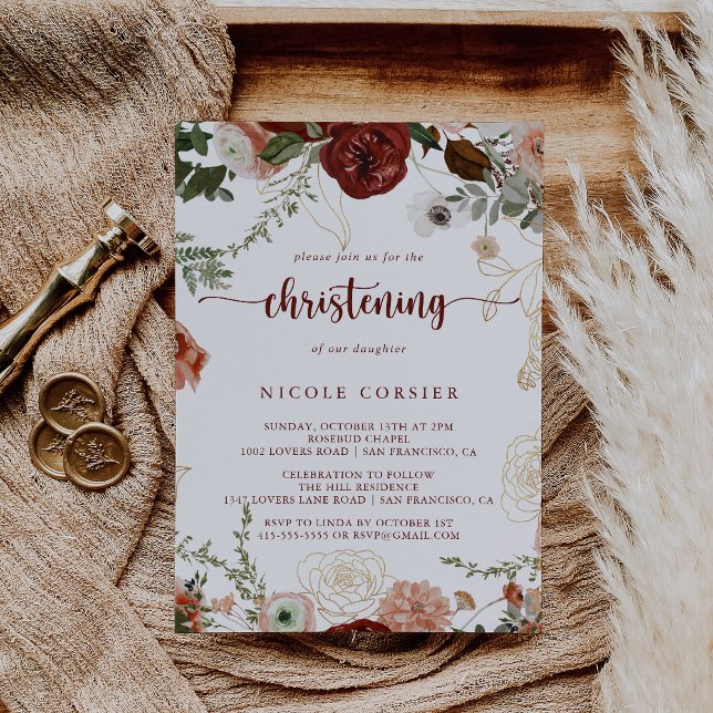 Gold Rustic Colorful Floral Christening  Invitation (Creator Uploaded)