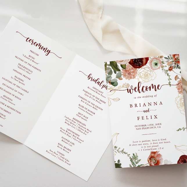Gold Rustic Colorful Floral Folded Wedding  Program (Creator Uploaded)