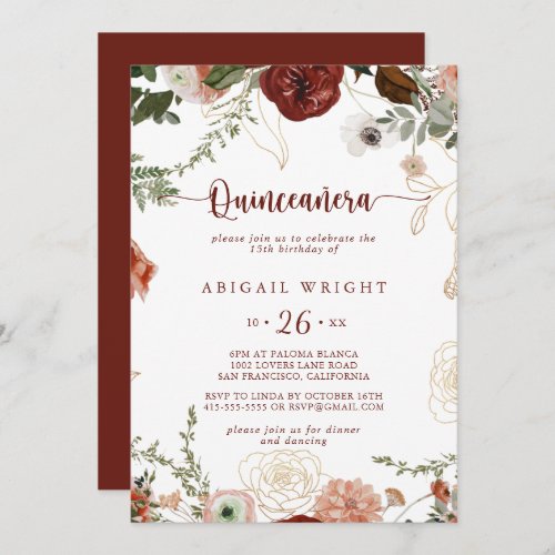 Gold Rustic Colorful Floral Quinceaera  Invitation