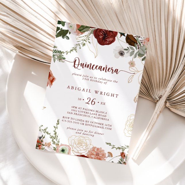 Gold Rustic Colorful Floral Quinceañera  Invitation (Creator Uploaded)