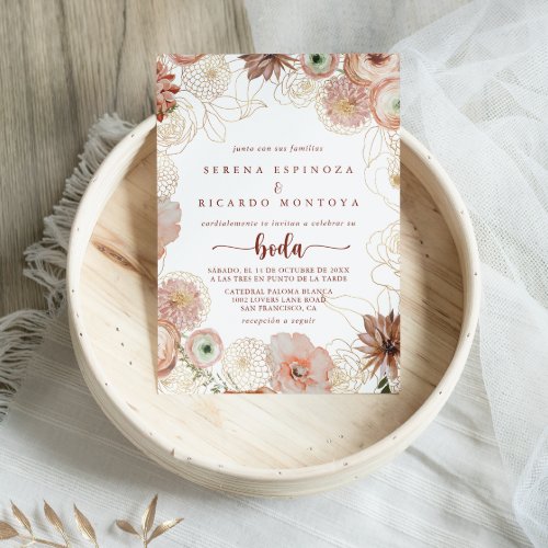 Gold Rustic Colorful Floral Spanish Wedding   Invitation