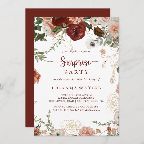Gold Rustic Colorful Floral Surprise Party  Invitation