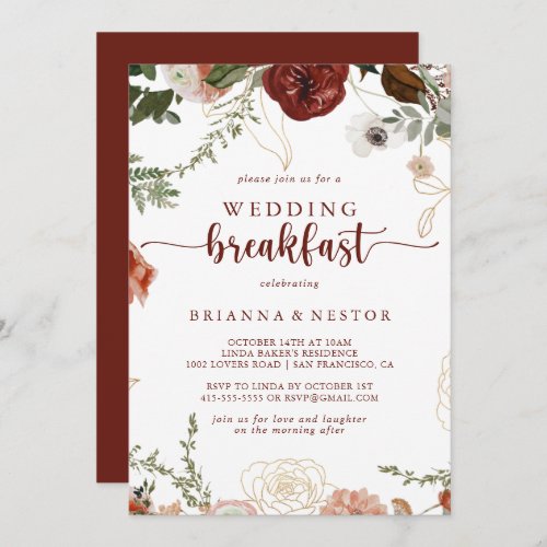Gold Rustic Colorful Floral Wedding Breakfast  Invitation