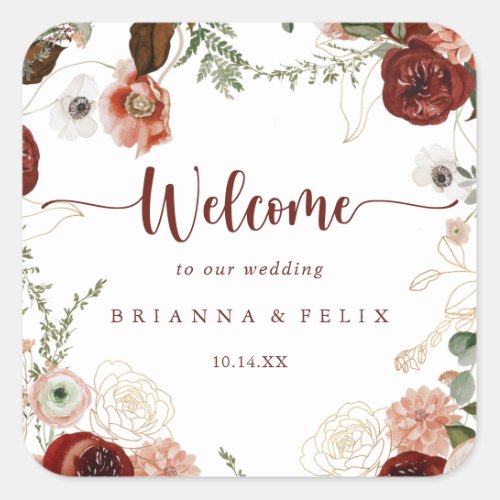 Gold Rustic Colorful Floral Wedding Welcome   Square Sticker