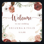 Gold Rustic Colorful Floral Wedding Welcome   Square Sticker<br><div class="desc">This gold rustic colorful floral wedding welcome square sticker is perfect for a simple wedding. The design features hand-painted marsala,  pink,  blush,  burgundy and gold flowers with green leaves arranged into beautiful wreaths. These labels are perfect for hotel guest welcome bags and destination weddings.</div>