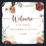 Gold Rustic Colorful Floral Wedding Welcome   Square Sticker<br><div class="desc">This gold rustic colorful floral wedding welcome square sticker is perfect for a simple wedding. The design features hand-painted marsala,  pink,  blush,  burgundy and gold flowers with green leaves arranged into beautiful wreaths. These labels are perfect for hotel guest welcome bags and destination weddings.</div>