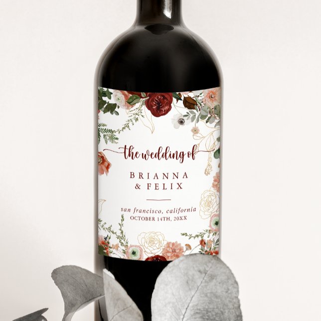 Gold Rustic Colorful Floral Wedding Wine Labels (Creator Uploaded)
