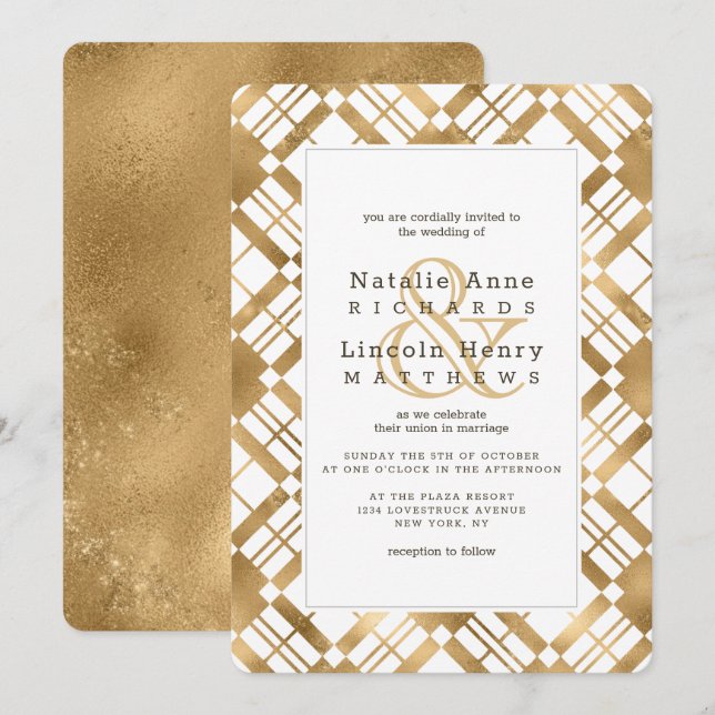Gold Rustic Country Farmhouse Plaid Wedding Invitation (Front/Back)