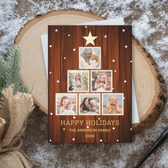 Gold | Rustic Country Wood Christmas Photo Tree Holiday Postcard (Creator Uploaded)