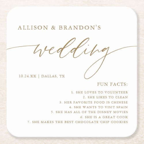 Gold Rustic Elegant Wedding Fun Facts Napkins Square Paper Coaster