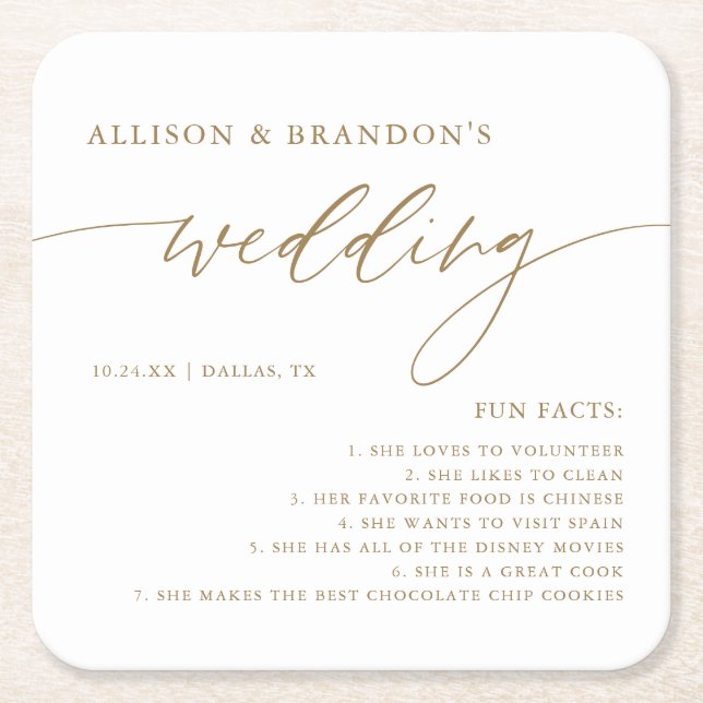 Gold Rustic Elegant Wedding Fun Facts Napkins Square Paper Coaster (Front)
