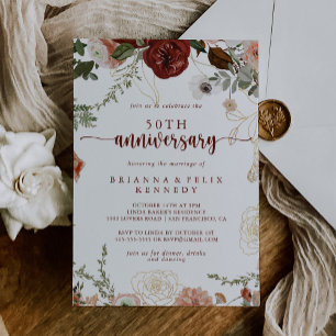 Gold Rustic Floral 50th Wedding Anniversary  Invitation