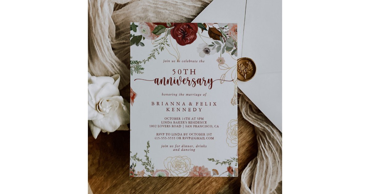 Gold Rustic Floral 50th Wedding Anniversary Invitation | Zazzle