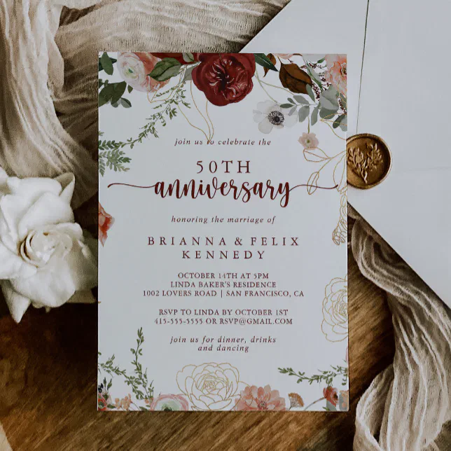 Gold Rustic Floral 50th Wedding Anniversary Invitation | Zazzle