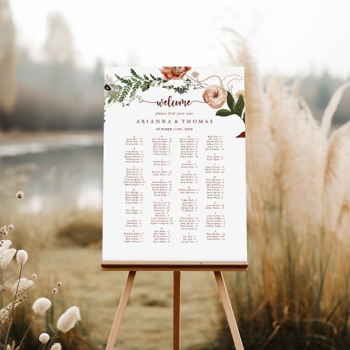 Gold Rustic Floral Alphabetical Seating Chart  Foam Board