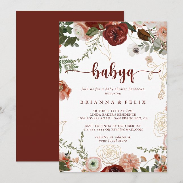 Gold Rustic Floral BabyQ Baby Shower Barbecue  Invitation (Front/Back)
