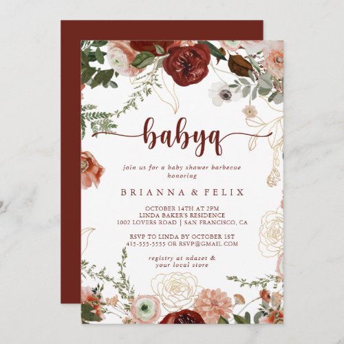 Gold Rustic Floral BabyQ Baby Shower Barbecue  Invitation