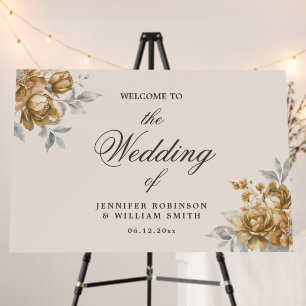 Gold Rustic Floral Elegant Script Wedding Welcome Foam Board