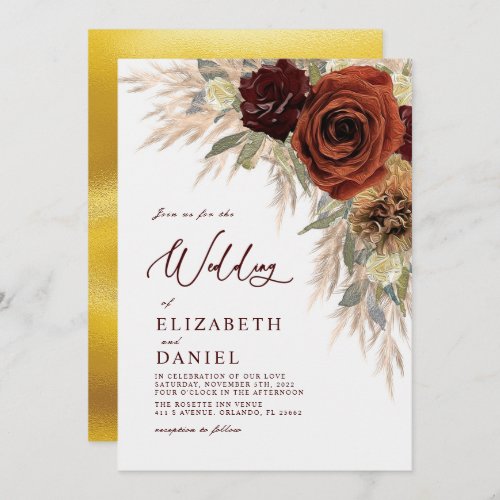 Gold Rustic Floral Pampas Grass Wedding Invitation