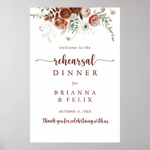 Gold Rustic Floral Rehearsal Dinner Welcome Sign