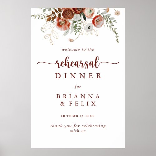 Gold Rustic Floral Rehearsal Dinner Welcome Sign