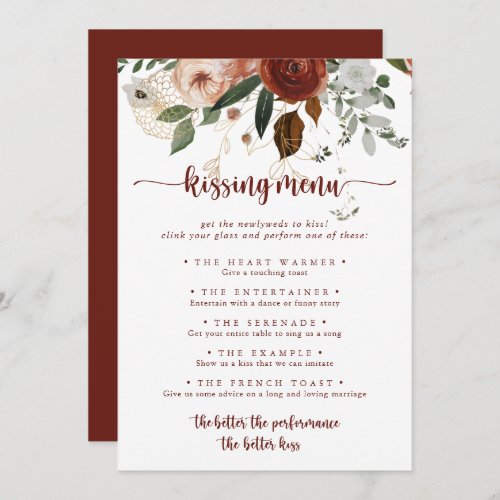 Gold Rustic Floral Wedding Kissing Menu Game Card