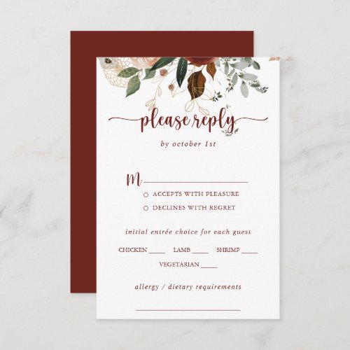 Gold Rustic Floral Wedding Menu Choice RSVP