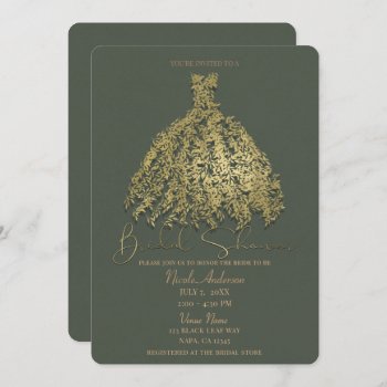 Gold & Rustic Green Botanical Dress Bridal Shower Invitation by printabledigidesigns at Zazzle