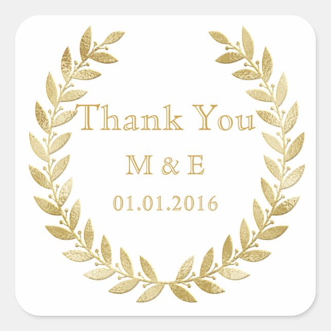 Gold Rustic Laurel Wreath Personalized Thank You S Square Sticker (Front)