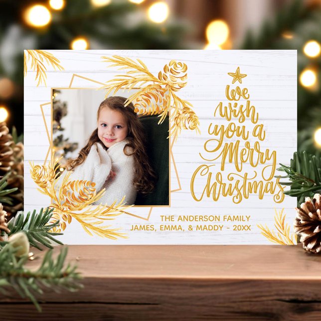 Gold Rustic Pine Wood Holiday Photo Christmas Card (Creator Uploaded)