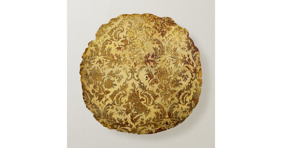 Gold,rustic,vintage,antique,damask,elegant,chic, Round Pillow Zazzle