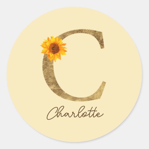 Gold Rustic Watercolor Sunflower Letter C Monogram Classic Round Sticker