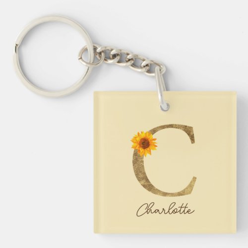 Gold Rustic Watercolor Sunflower Letter C Monogram Keychain