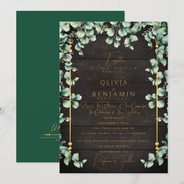 Gold Rustic Wood & Eucalyptus greenery Wedding Inv Invitation (Front/Back)