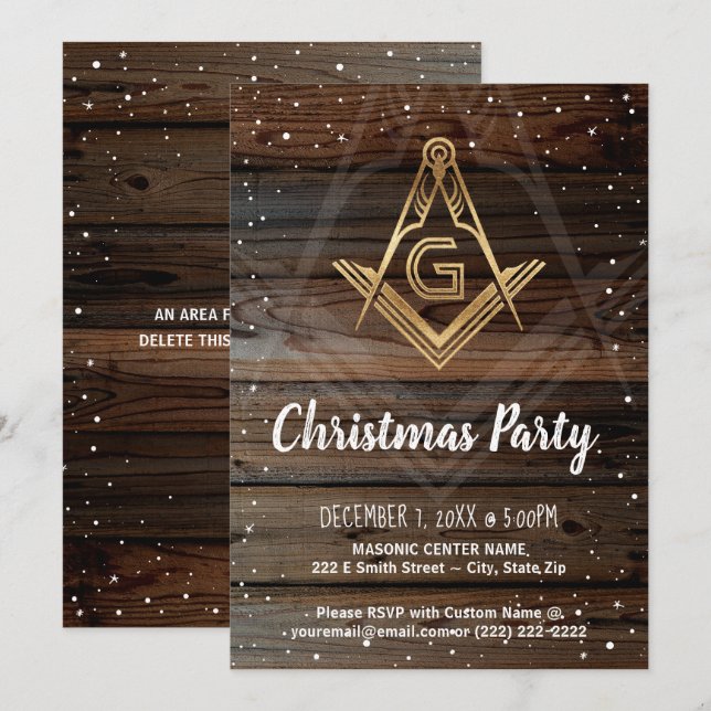 Gold Rustic Wood Holiday Masonic Christmas Party Invitation (Front/Back)