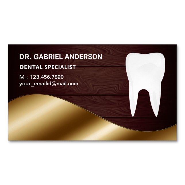 Gold Rustic Wood Tooth Dental Clinic Dentist Business Card Magnet (Front)