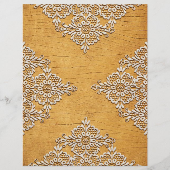 Gold Rustic Wood & White Lace Scrapbook Paper (Front)