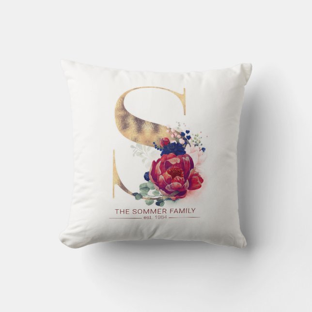 Gold S Monogram Floral Burgundy Red and Navy Blue Throw Pillow (Front)